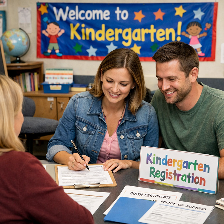 A couple registers their child for Kindergarten